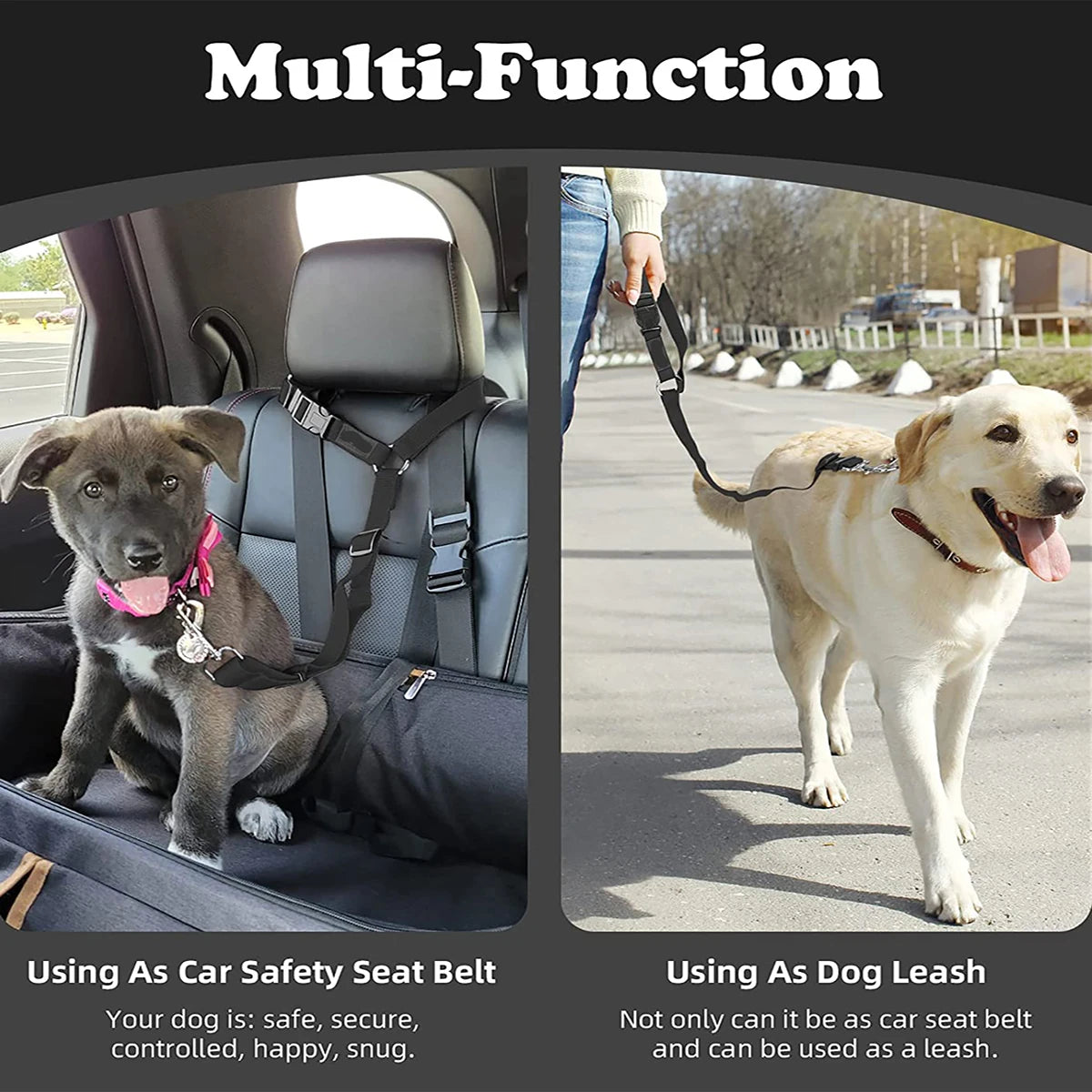 Reflective Dog Car Seat Belt & Leash Harness – Travel Safety for Dogs & Cats